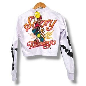 New Sorry Flamingo Crop Top Skeleton Print Long Sleeve Graphic Tee Medium‎